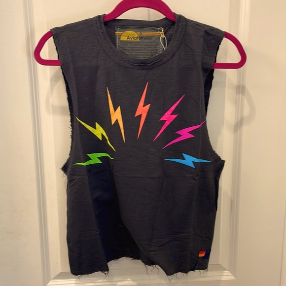 Aviator Nation Tops - NWT Aviator Nation rainbow Bolt muscle tee charcoal  - S